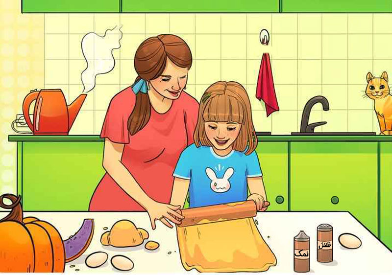 تست هوش تصویری برای سوال عکس دختر و مادر در آشپزخانه در حال درست کردن شیرینی هستن
