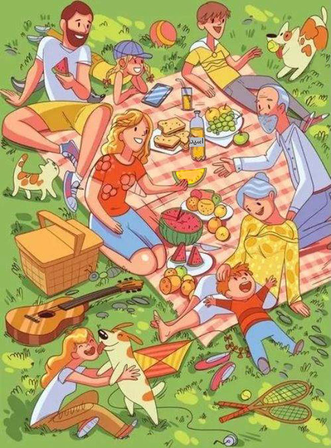 معمای تصویری خانواده ای که تو پارک نشستن و دارن میوه و غدا می خورن . اشتباه این عکس کجاست .؟