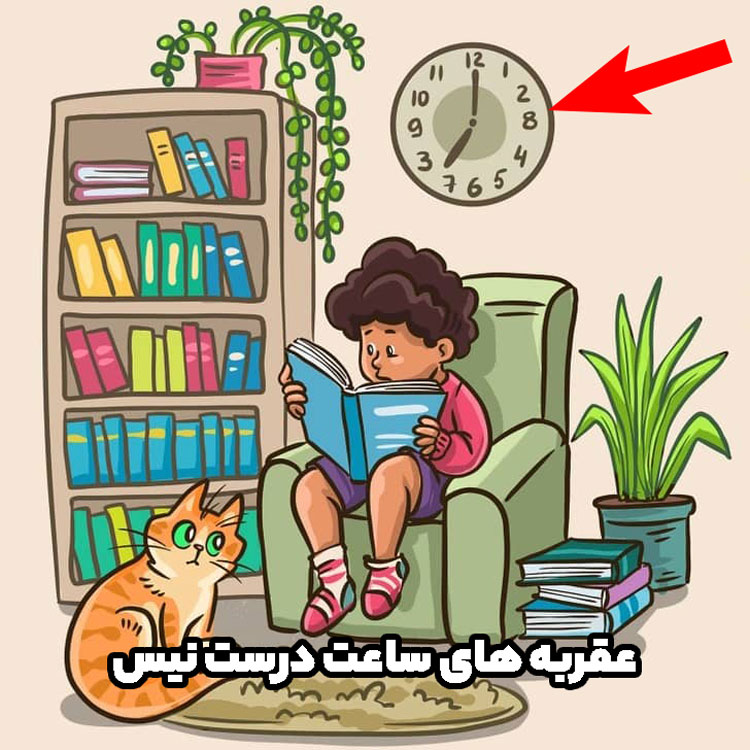 جواب تست هوش تصویری یه خانم با گربش که در کتابخانه داره مطالعه می کنه و یه ساعت بالای سرش هست