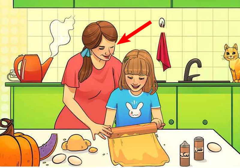 ج واب تست هوش تصویری اونی که مادر و دختر در حال درست کردن شیرینی در آشپزخانه هستن و یه گربه هم روی کابینته